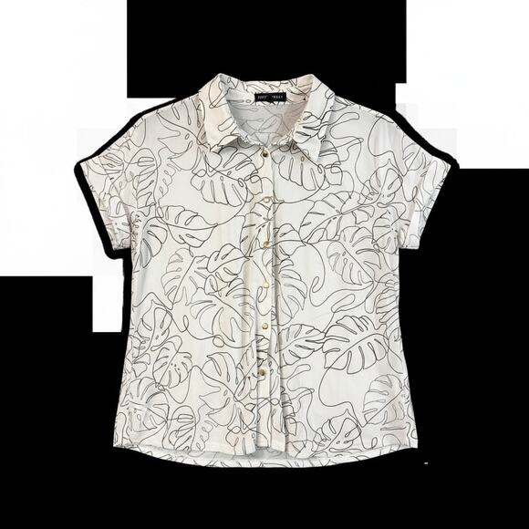 Fifty Street Tops - Fifty Street XL White Tropical Leaf Print Button Front Blouse Shirt Top